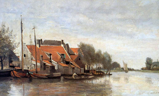  Jean-Baptiste-Camille Corot Near Rotterdam, Small Houses on the Banks of a Canal - Canvas Print