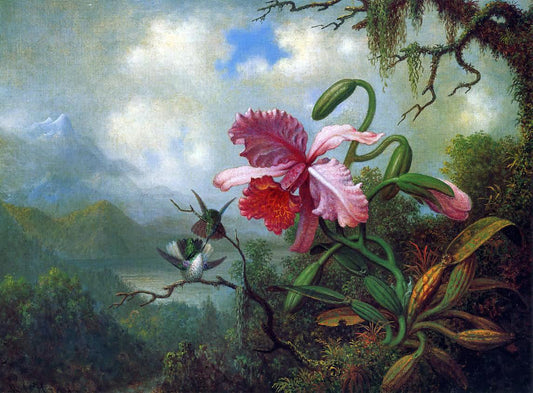  Martin Johnson Heade Orchid and Hummingbirds near a Mountain Lake - Canvas Print