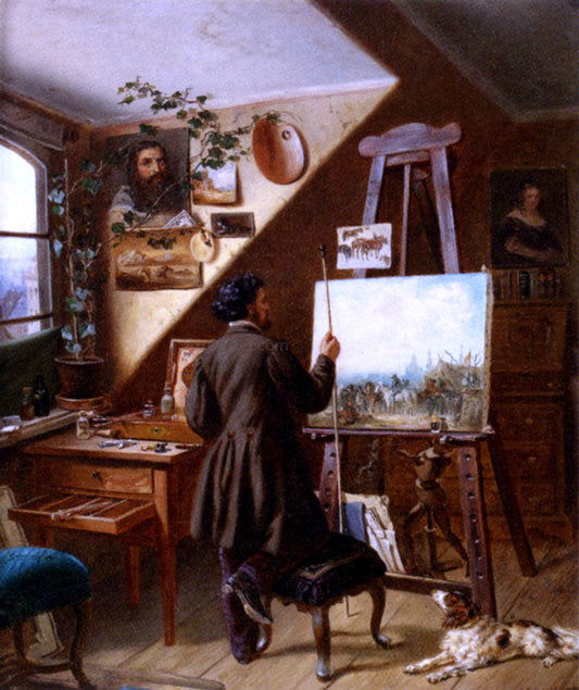  Gustav Adolf Friedrich Painting Horses In The Studio, A Self Portrait - Canvas Print