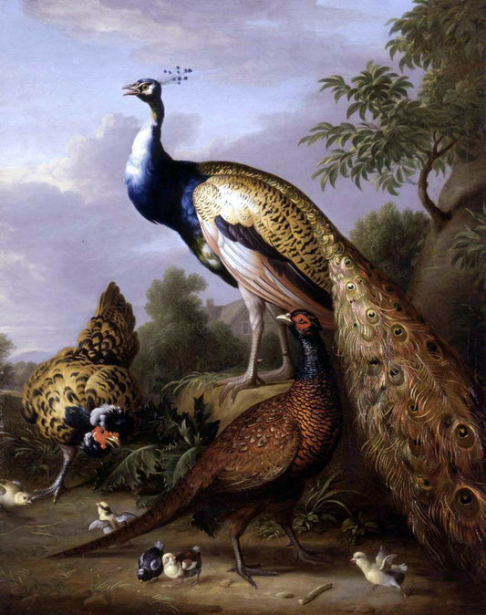  Tobias Stranover Peacock, Hen and Cock Pheasant in a Landscape - Canvas Print