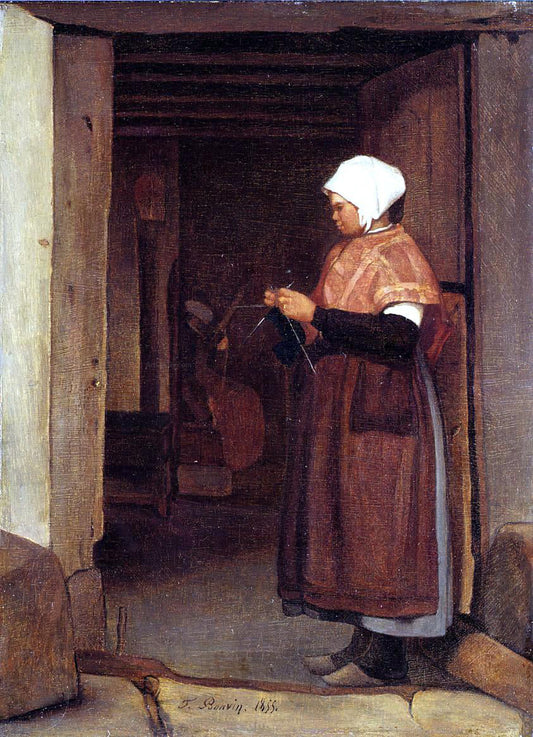  Francois Bonvin Peasant Knitting - Canvas Print