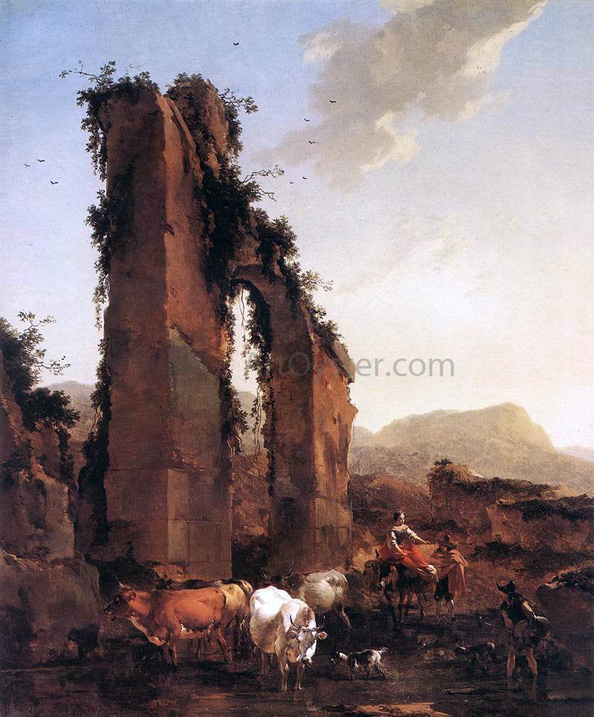  Nicolaes Berchem Peasants with Cattle by a Ruined Aqueduct - Canvas Print