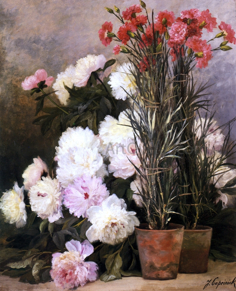  Jean Capeinick Peonies and Red Carnations - Canvas Print