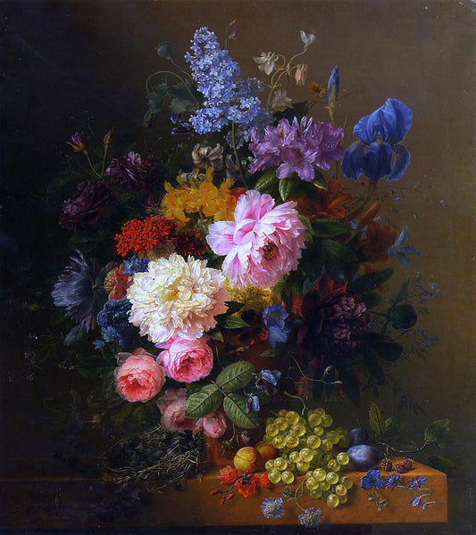  Arnoldus Bloemers Peonies, Roses, Irises, Lilies, Lilac and Other Flowers in a Vase on a Ledge Laden with Fruit - Canvas Print