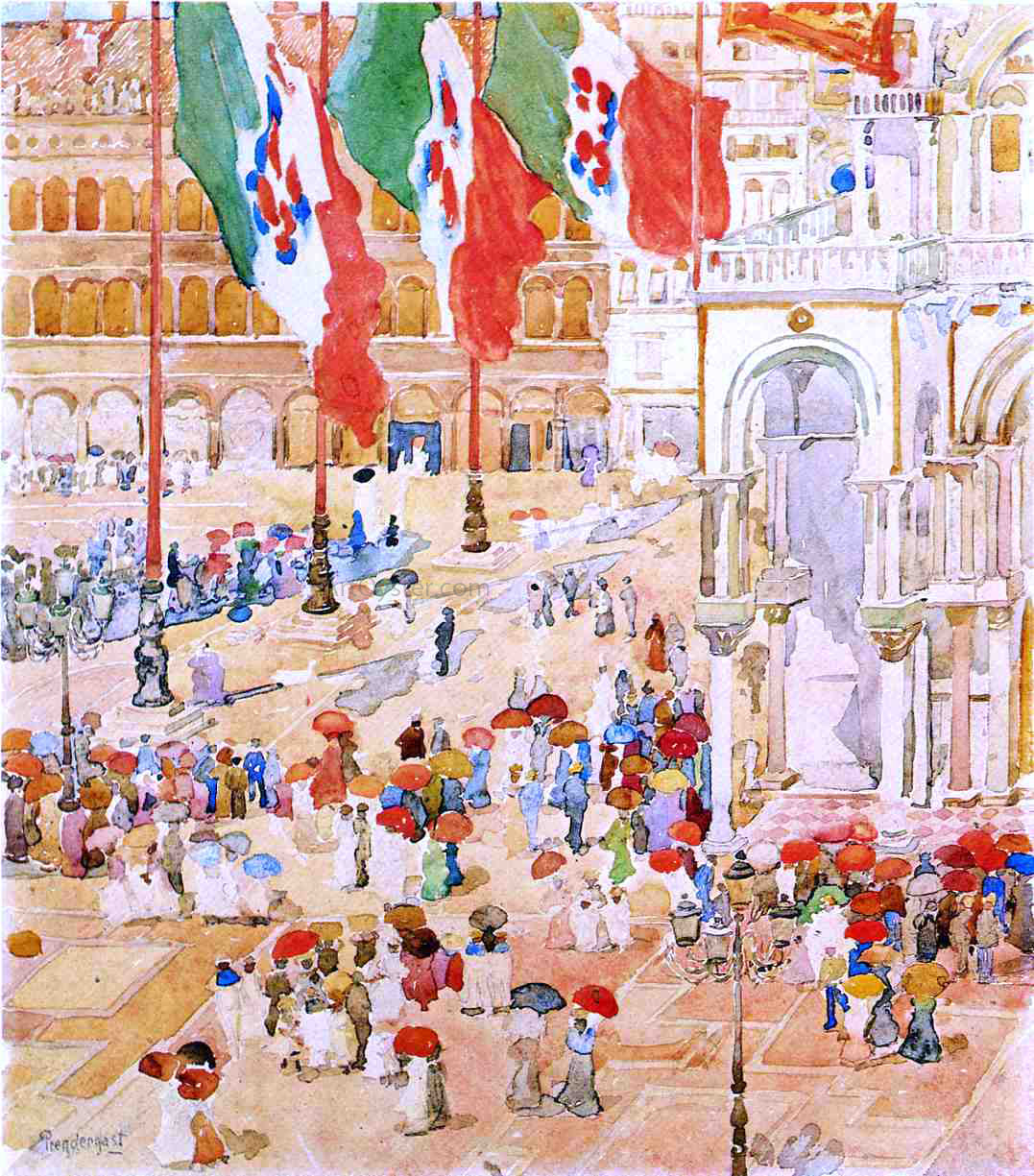  Maurice Prendergast Piazza of St. Marks (also known as The Piazza, Flags, Venice) - Canvas Print
