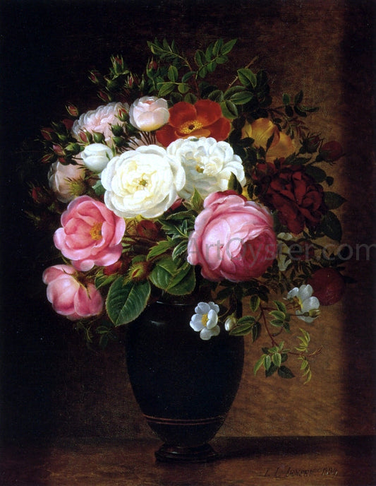  Johan Laurentz Jensen Pink and White Roses in a Black Glaze Amphora on a Brown Marble Ledge - Canvas Print