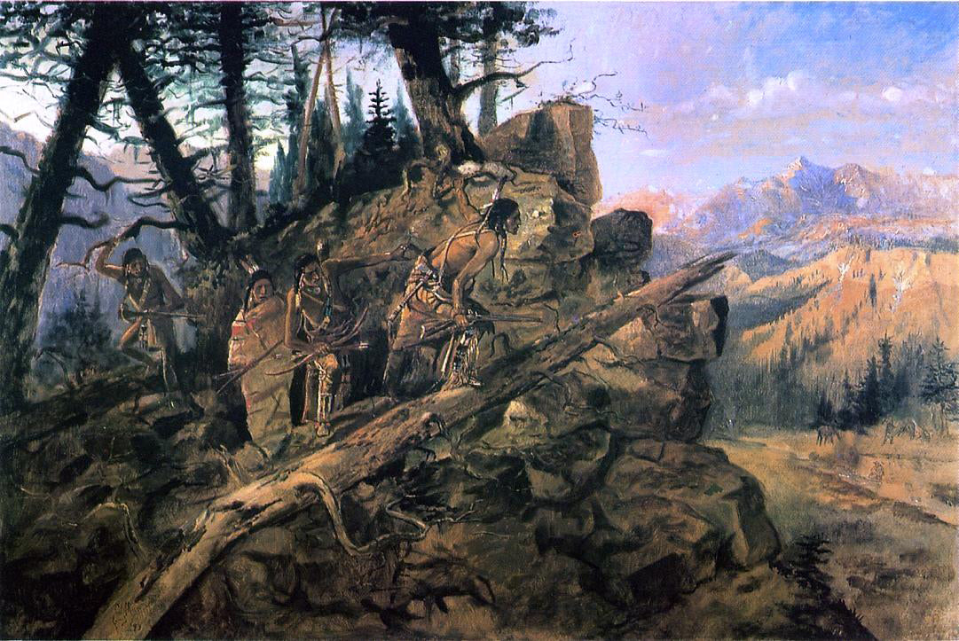  Charles Marion Russell Plunder on the Horizon (also known as Indians Discover Prospectors) - Canvas Print