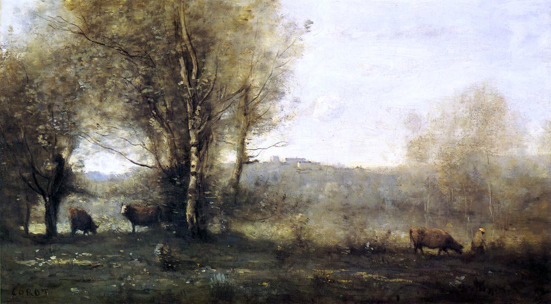  Jean-Baptiste-Camille Corot Pond with Three Cows (also known as Souvenir of Ville d'Avray) - Canvas Print