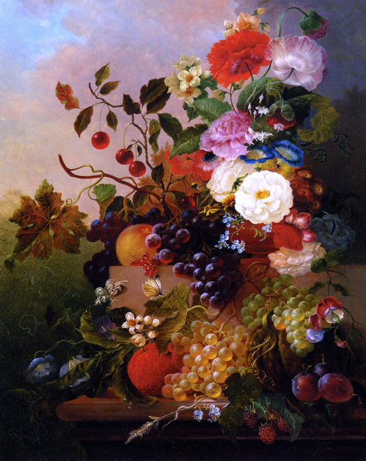  Jan Van Der Waarden Poppies Peonies Roses and other Flowers with Grapes on a Marble Ledge - Canvas Print