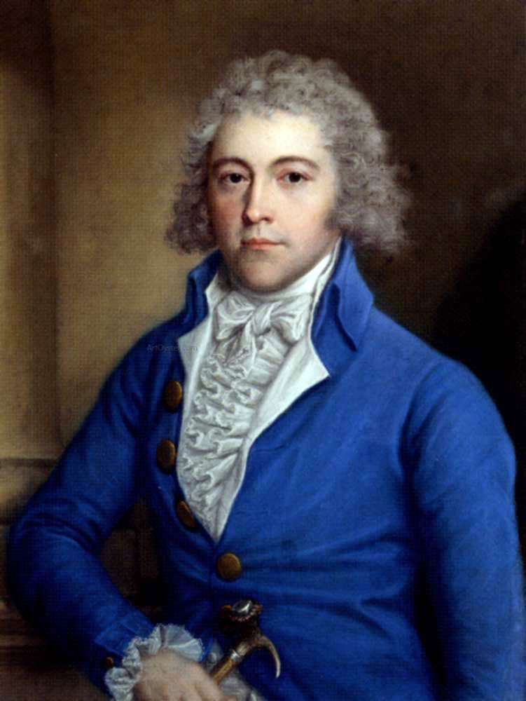 John Russell Portrait of a Gentleman, half-length, in a blue coat, holding a can
