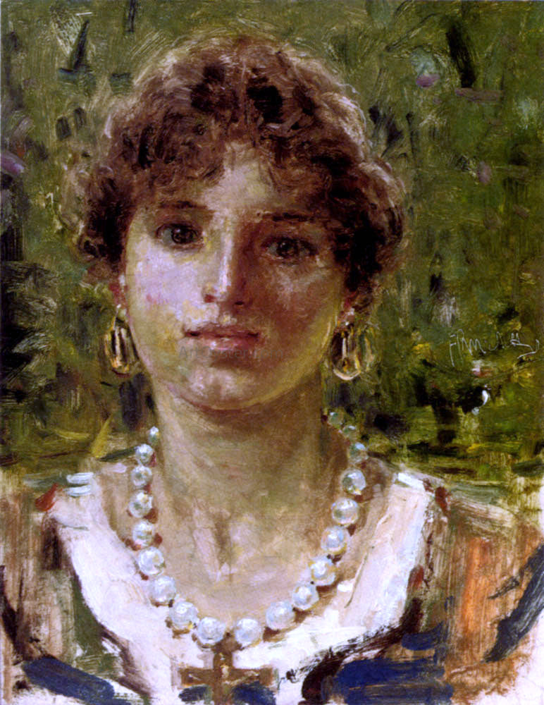  Francesco Paolo Michetti Portrait of a Girl Wearing A Pearl Necklace - Canvas Print