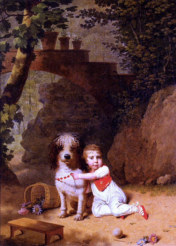  Martin Drolling Portrait Of A Little Boy Placing A Coral Necklace On A Dog, Both Seated In A Parkland Setting - Canvas Print