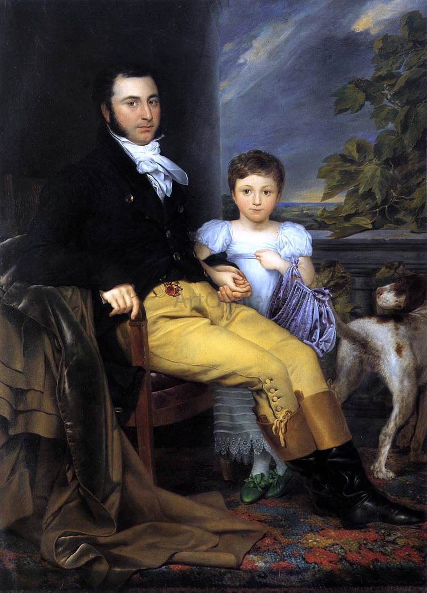  Joseph-Denis Odevaere Portrait of a Prominent Gentleman with his Daughter and Hunting Dog - Canvas Print