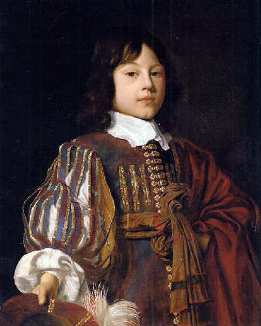  Jan Mytens Portrait of a young gentleman in a burgundy doublet with slashed sleeves and a sash, a feathered cap in hand - Canvas Print