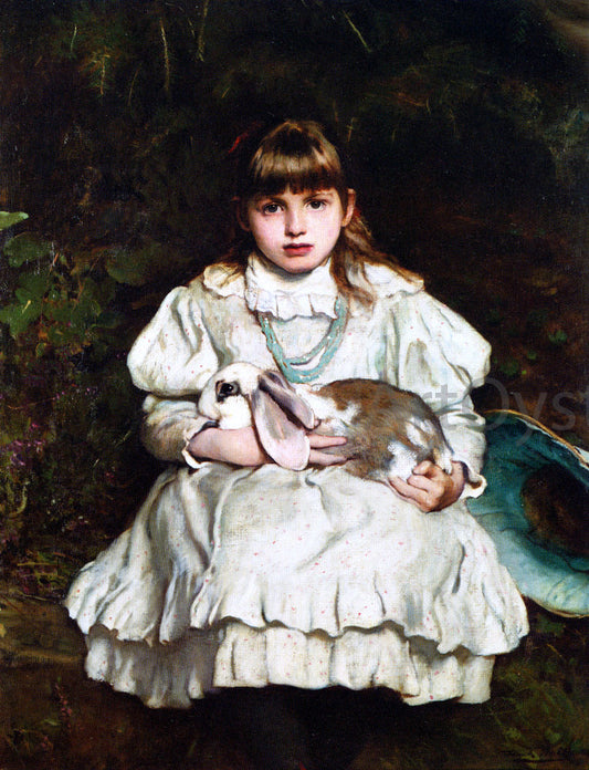  Frank Holl Portrait of a Young Girl Holding a Pet Rabbit - Canvas Print