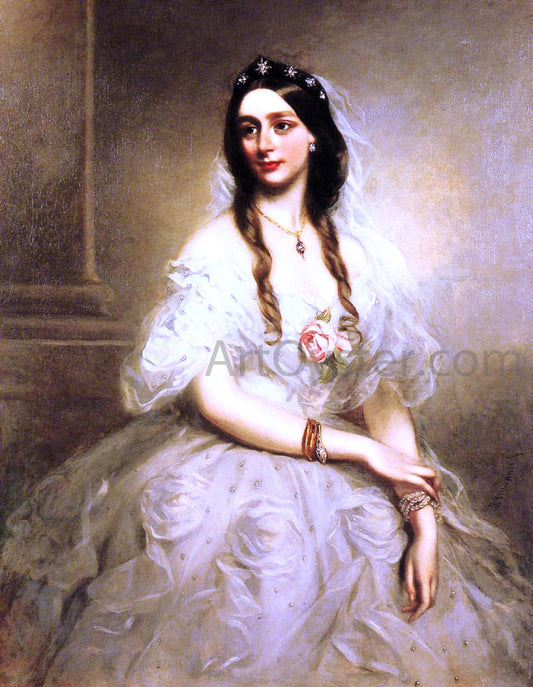  Richard Buckner Portrait of Mrs C.W.Stoughton, three-quarter length, wearing a white dress - Canvas Print