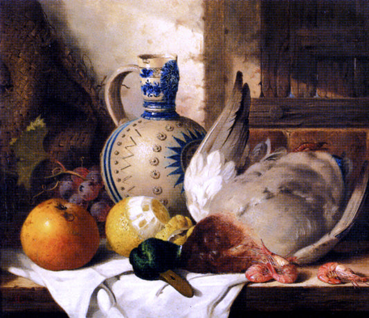  Edward Ladell Prawns, A Mallard, A Lemon, An Apple, Grapes And A Stoneware Jug On A Draped Wooden Ledge - Canvas Print