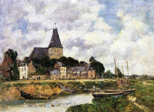  Eugene-Louis Boudin Quillebeuf, View of the Church from the Canal - Canvas Print
