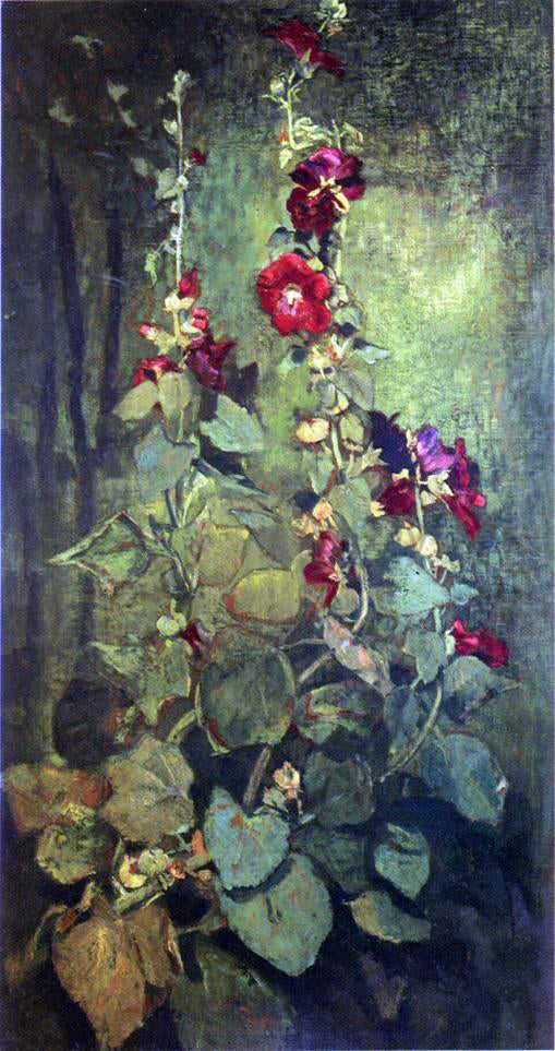  John La Farge Red Hollyhocks - Canvas Print