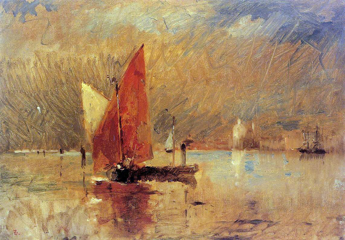  Frank Duveneck Red Sail in the Harbor at Venice - Canvas Print