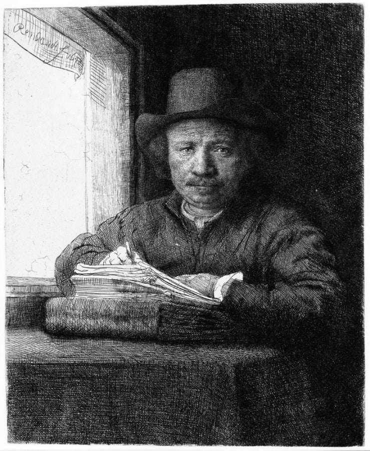  Rembrandt Van Rijn Rembrandt Drawing at a Window - Canvas Print
