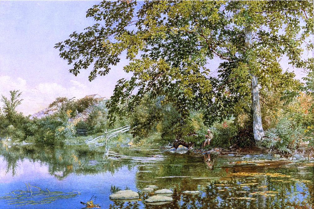  John William Hill River Landscape with Boy Fishing - Canvas Print