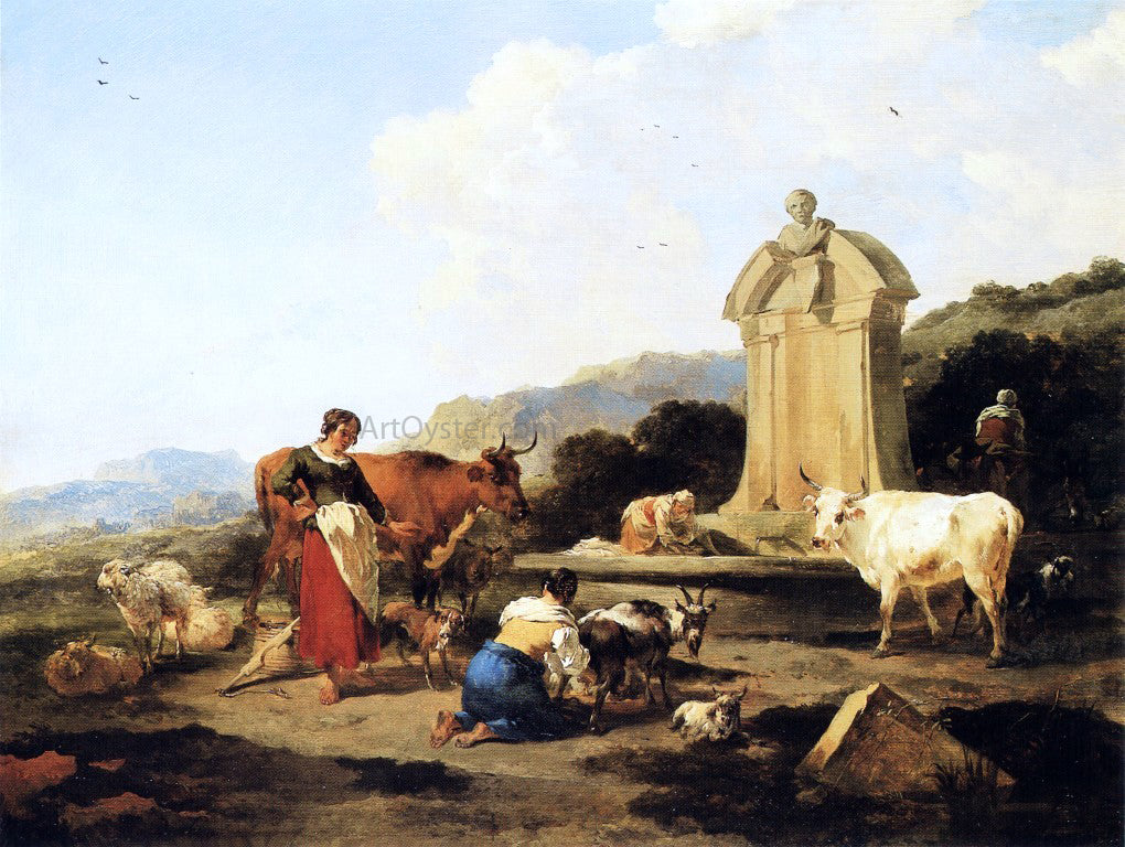  Nicolaes Berchem Roman Fountain with Cattle and Figures - Canvas Print