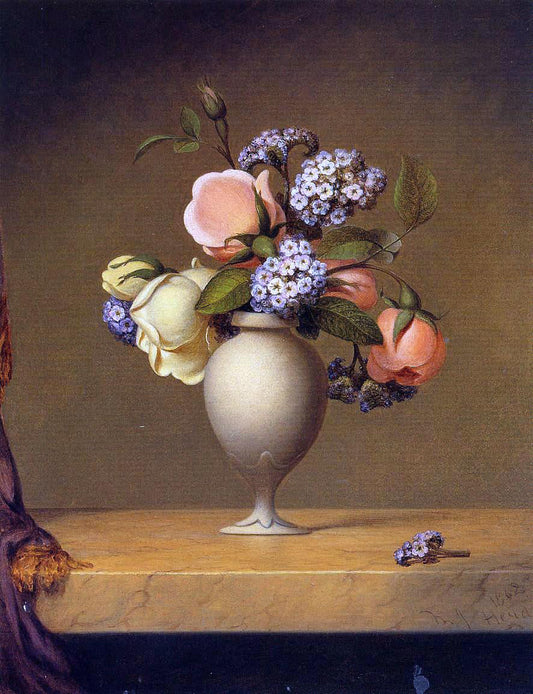  Martin Johnson Heade Roses and Heliotrope in a Vase on a Marble Tabletop - Canvas Print