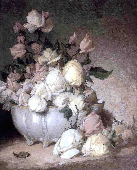  John Ferguson Weir Roses in a Porcelain Bowl - Canvas Print