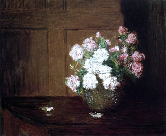  Julian Alden Weir Roses in a Silver Bowl on a Mahogany Table - Canvas Print