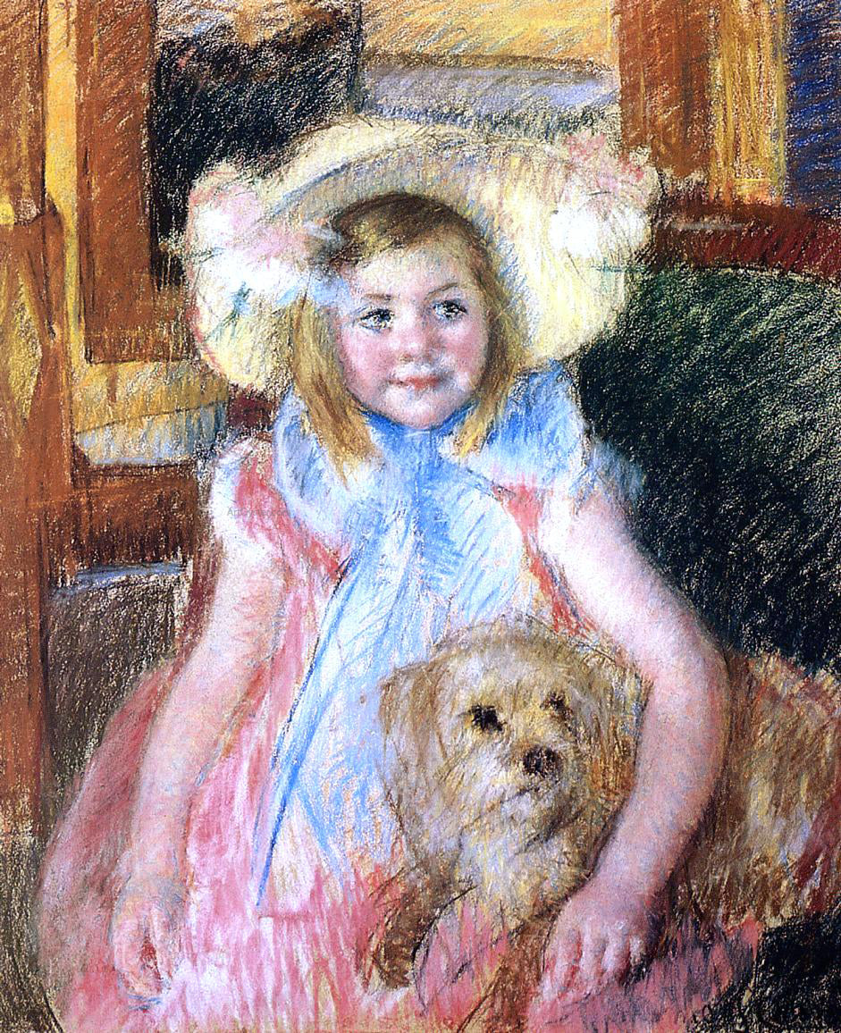  Mary Cassatt Sara in a Large Flowered Hat, Looking Right, Holding Her Dog - Canvas Print