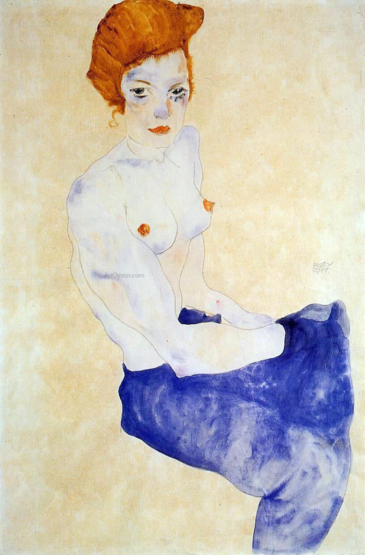  Egon Schiele Seated Girl with Bare Torso and Light Blue Skirt - Canvas Print