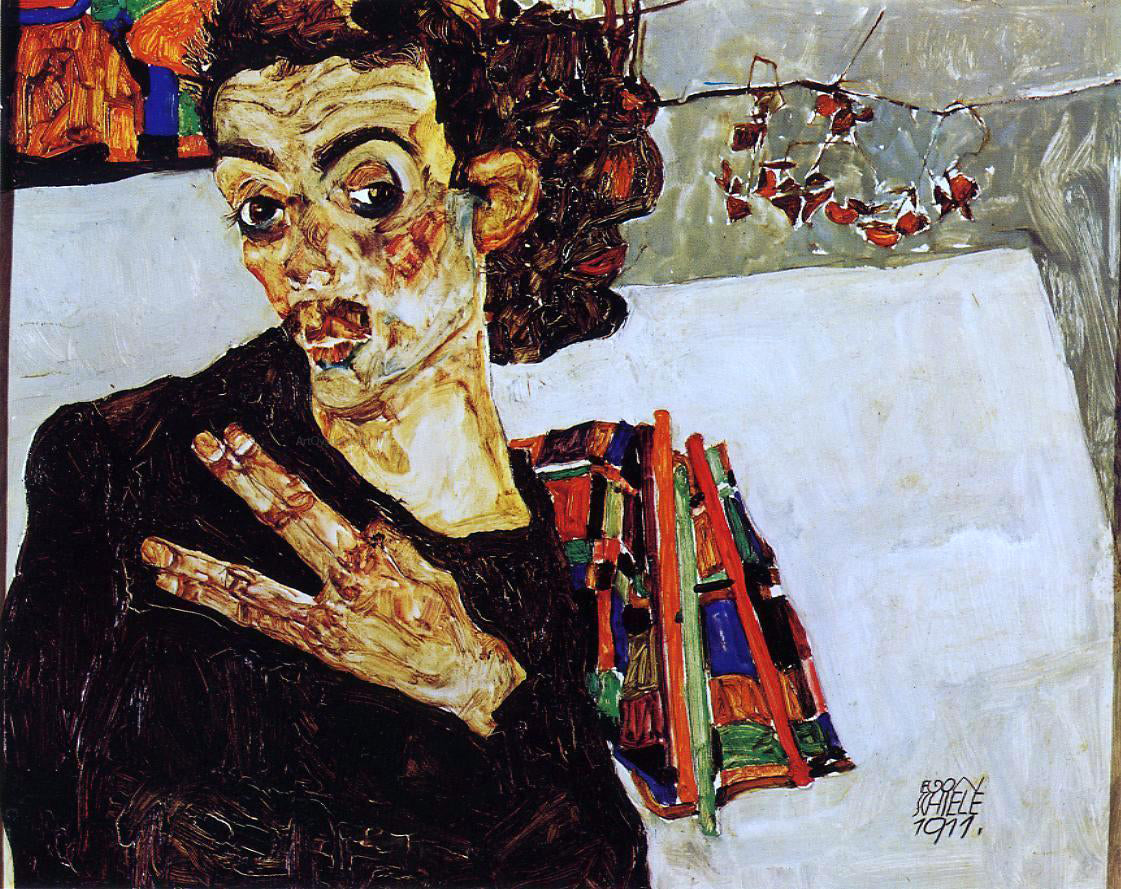  Egon Schiele Self Portrait with Black Vase and Spread Fingers - Canvas Print