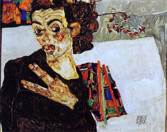  Egon Schiele Self Portrait with Black Vase and Spread Fingers - Canvas Print