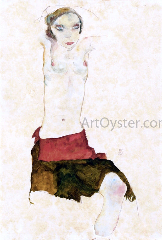  Egon Schiele Semi-Nude with Colored Skirt and Raised Arms - Canvas Print
