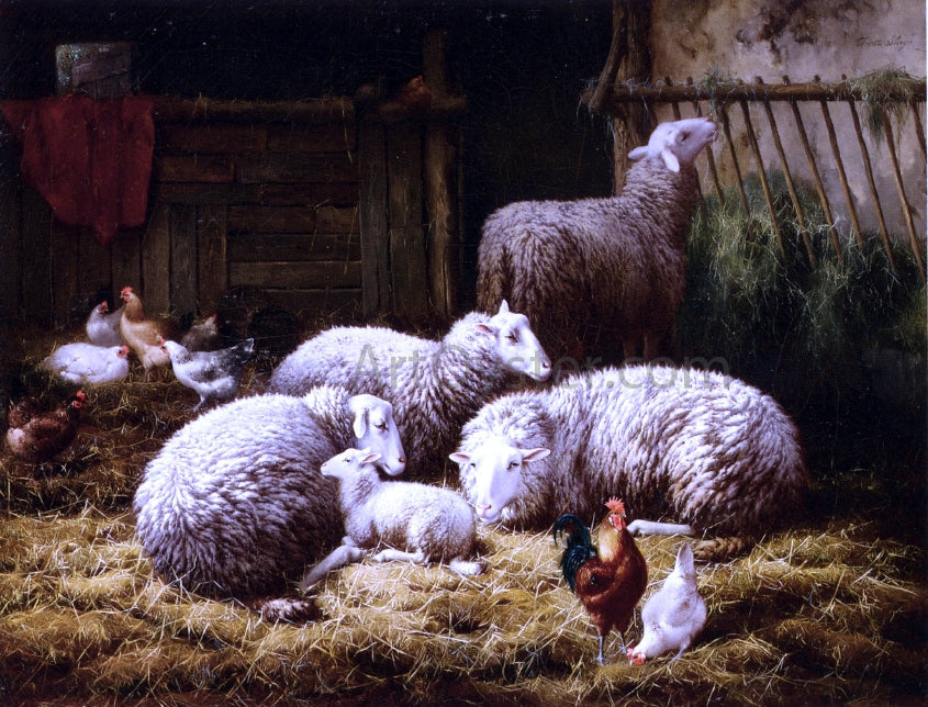 Theo Van Sluys Sheep, Roosters and Chickens in a Barn - Canvas Print