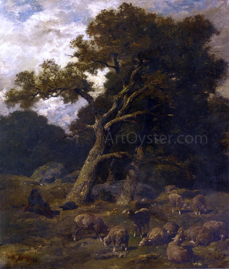  Charles Emile Jacque Shepherd and his Sheep in Fontaineblelau Forest - Canvas Print