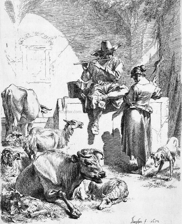  Nicolaes Berchem Shepherd at the Well with the Spinning Girl - Canvas Print