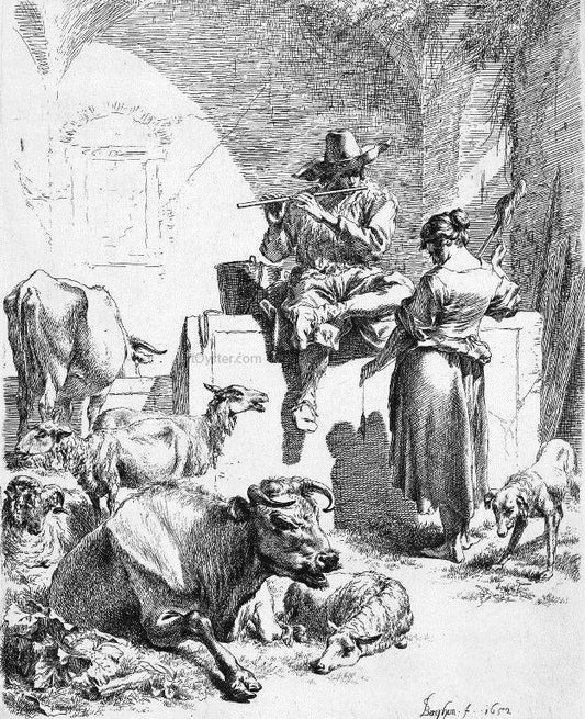  Nicolaes Berchem Shepherd at the Well with the Spinning Girl - Canvas Print