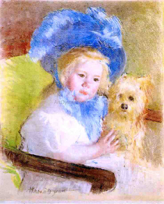  Mary Cassatt Simone in a Large Plumed Hat, Seated, Holding a Griffon Dog - Canvas Print