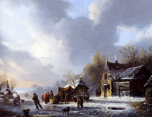 Jacobus Van Der Stok Skaters On A Frozen River Near A 'Koek En Zopie' - Canvas Print