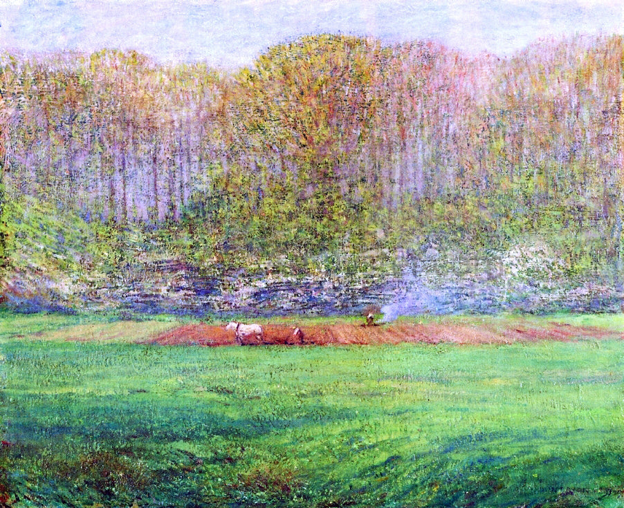  Dwight W Tryon Spring Landscape with a Farmer and White Horse - Canvas Print