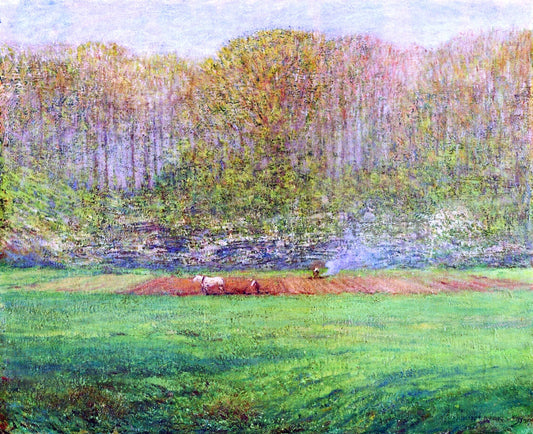  Dwight W Tryon Spring Landscape with a Farmer and White Horse - Canvas Print