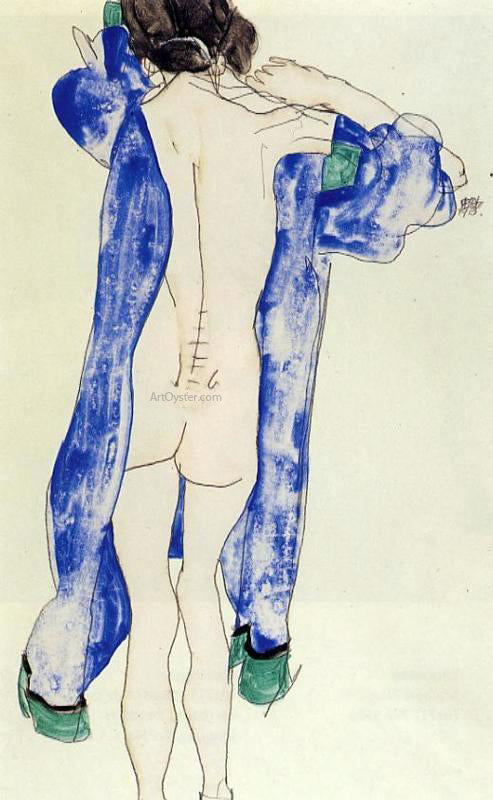 Egon Schiele Standing Female Nude in a Blue Robe - Canvas Print