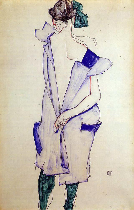  Egon Schiele Standing Girl in a Blue Dress and Green Stockings, Back View - Canvas Print