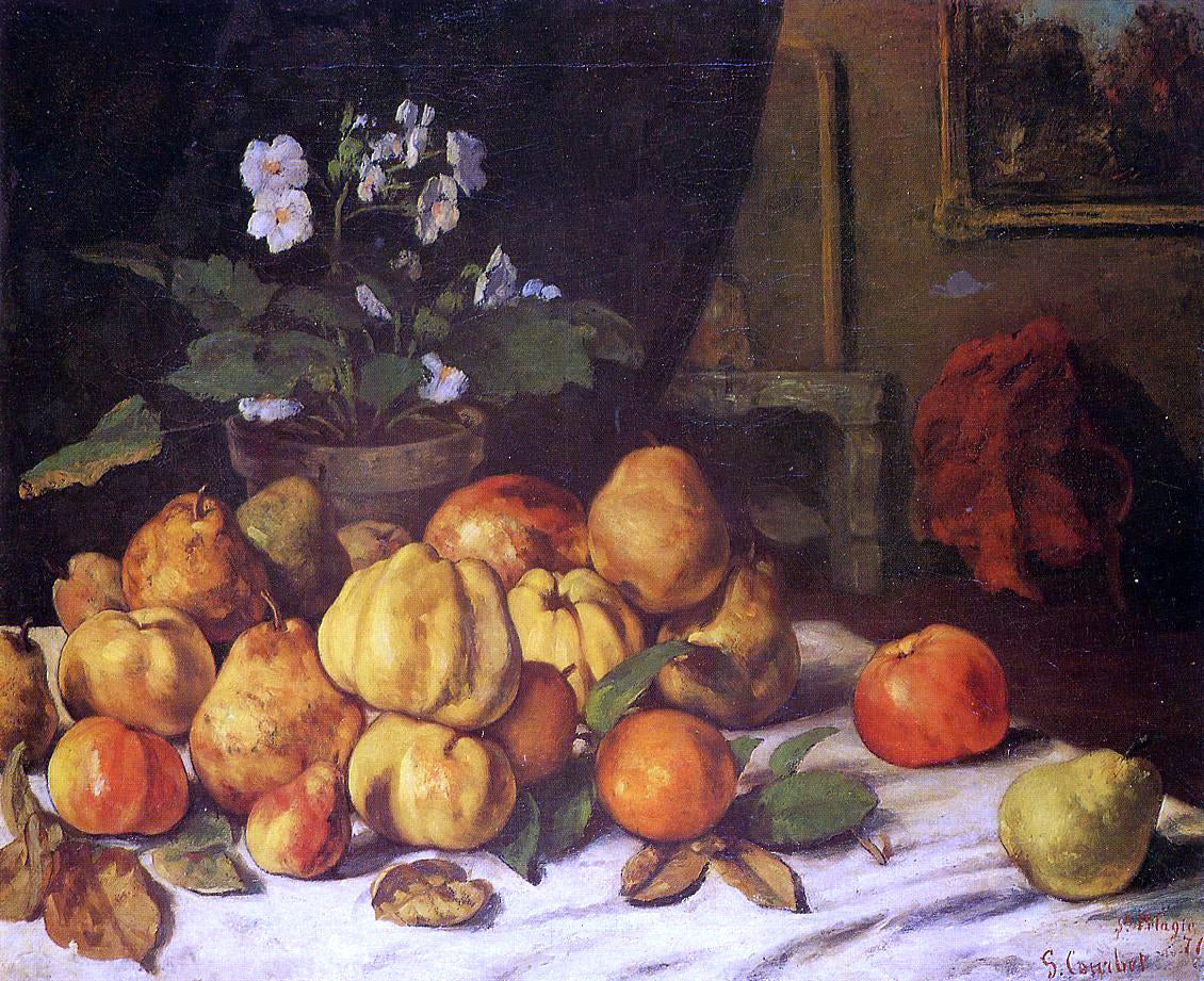  Gustave Courbet Still Life: Apples, Pears and Flowers on a Table, Saint Pelagie - Canvas Print