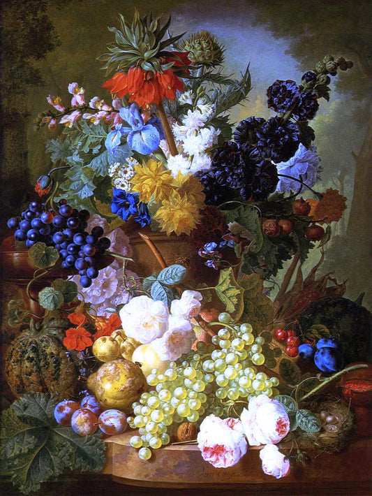  Jan Van Os Still Life of Flowers, Fruit and Bird's Nest on a Marble Ledge - Canvas Print