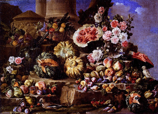  Michele Pace Del Campidoglio Still Life Of Fruit And Flowers On A Stone Ledge With Birds And A Monkey - Canvas Print