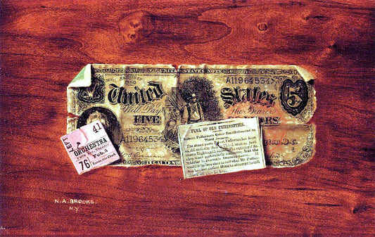 Nicholas Alden Brooks Still Life with $5 Bill, Ticket Stub and Newspaper Clipping - Canvas Print