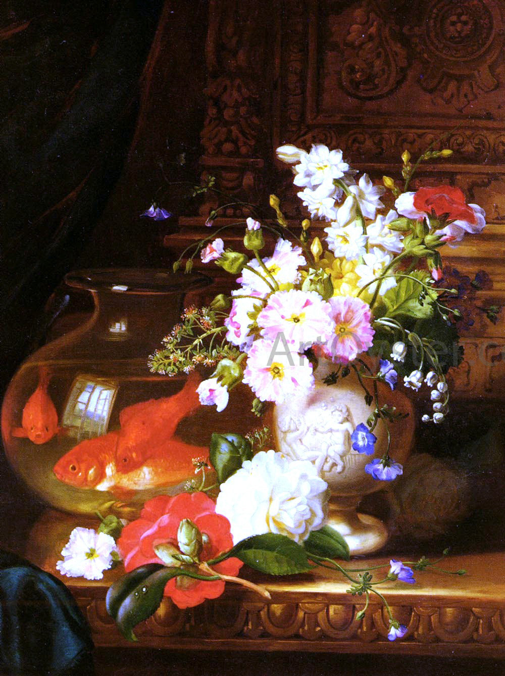 John Wainwright Still Life With Camellias, Primroses And Lily Of The Valley In An Urn By A Goldfish Bowl - Canvas Print